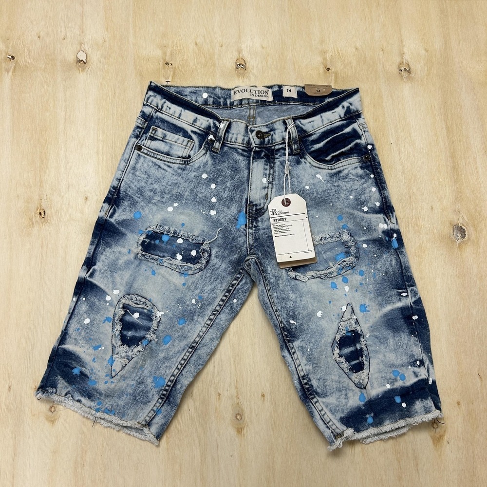 Evolution In Design Shorts Kids 14 Blue Denim Cutoff Distressed Paint Splatter